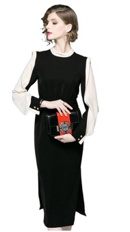 Womens Dress Black color Beige White Long Sleeve with button on wrist Midi Length Side Split Skirt H