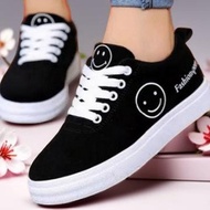 HITAM Cute Smile Pattern Women's Sneakers/Women's School Shoes Black Canvas
