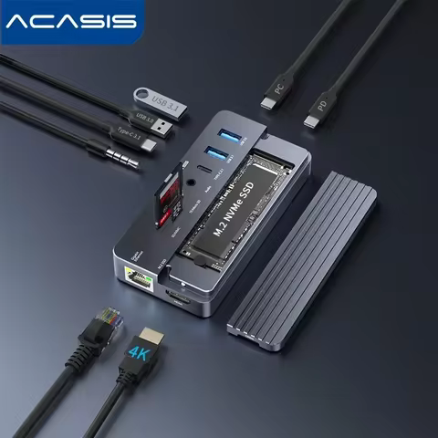 Acasis 10-in-1 Docking Station&M.2 NVMe Enclosure with HDMI 4K60Hz 100W PD 1Gbps RJ45 USB-A Ports fo