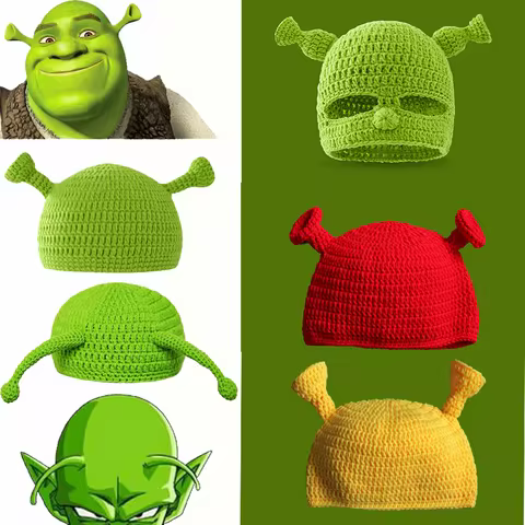 Green Balaclava With Ears Hat Monster Shrek Knitted Hats For Men Women Winter Handmade Wool Keep War