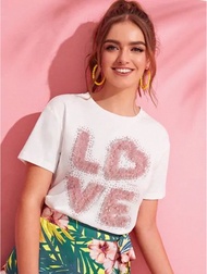 iCONiC PINK PUFFY LOVE T-SHIRT #7303 เสื้อยืด LOVE สีชมพู ปักระบายฟูๆ เสื้อยืด เสื้อแฟชั่น เสื้อแฟชั