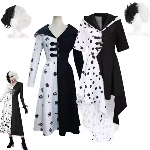 Cruella De Vil Cosplay Costume Girls Women Evil Madame Cruella De Vil Cosplay Black White Maid Dress