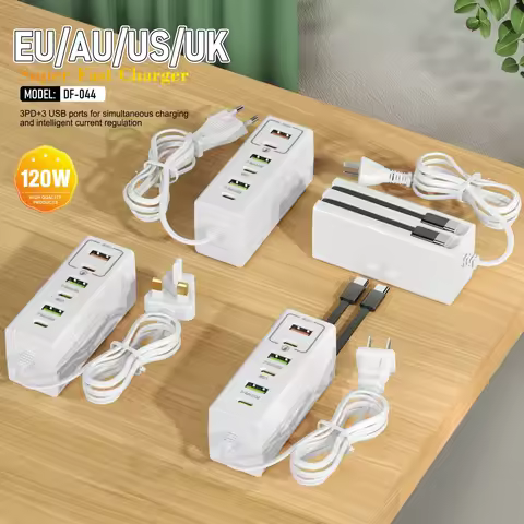 6 Ports 120W Fast Charging Charger 3 USB 3 Type C Desktop Multifunction Power Charger Adapter For Ho