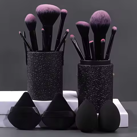 17 Makeup Tools Set 12 Face Makeup Brush Set with Makeup Egg Triangle Powder Puff Makeup Brush Stora