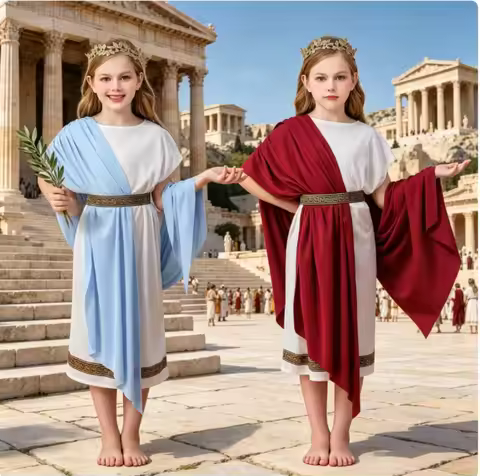 Children's Greek God Costume Flowing White Toga with Gold Rope Belt Breathable Fabric Easy-Wrap Desi