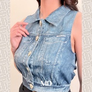 Missmoda รุ่น MC-241TJ047-BL เสื้อแขนกุดดีไซน์คอปก ตกแต่งอะไหล่กระดุมหัวใจ เสื้อผู้หญิงแบรนด์ (เฉพาะ