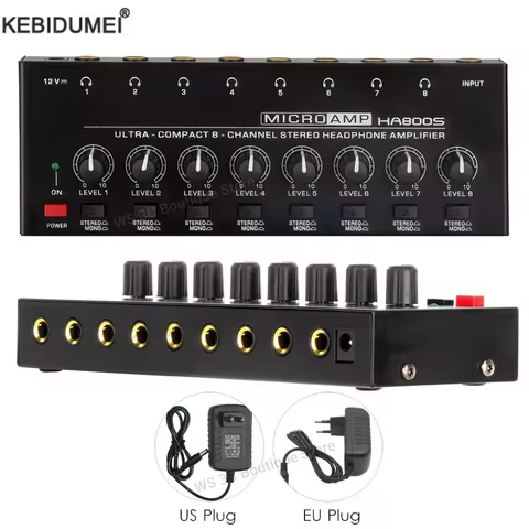 HA800S Mini Headphone Amplifier 8 Channels Ultra-Compact Stereo Audio Amplifier With Power Adapter E