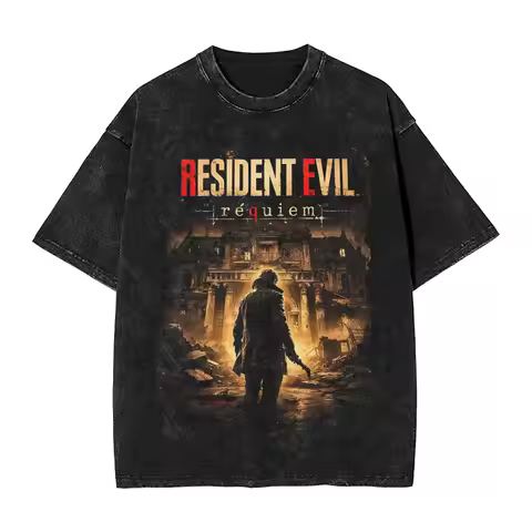 Men's Resident Evil 9 Requiem T-Shirt Leon Kennedy Vintage Washed Cotton Graphic Tee for Biohazard G