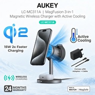 AUKEY LC-MC311A MagFusion 3-in-1 Qi2 15W Magnetic Wireless Charger MFI Certified with Active Cooling