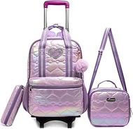 Rolling Backpack for Girls School Backpack with Wheels Kids Roller Backpack with Lunch Bag for Elementary School