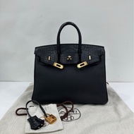 Hermes 愛馬仕 黑金birkin25 touch方塊鱷togo皮 Z刻