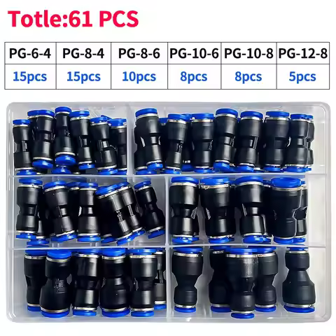 Boxed 61PCs PG 4mm 6mm 8mm 10mm 12mm Pneumatic Fitting PG8-6 PG10-8 PG6-4 PG8-4 PG10-6 PG12-6 PG12-8