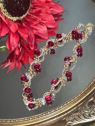 手工編織項鍊：紅色玻璃與施華洛世奇水晶