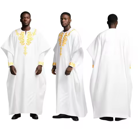 DBQ Men's 3-Piece African Suit Gold Appliques Agbada Full Sleeves Shirt Slim Pants Brooch Formal Sty