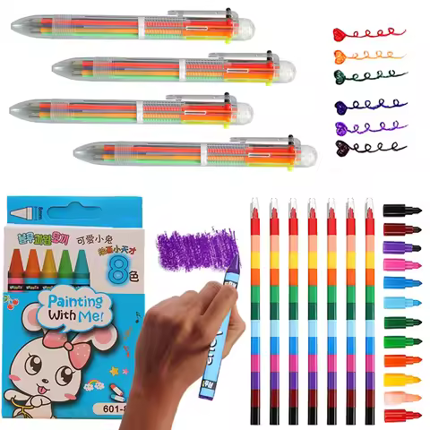 Drawing Supplies 6 In1 Ballpoint Pen 8-Color Boxed Crayon 12-Color Building Blocks Crayon Multifunct
