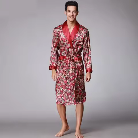 Men Kimono Robes V-neck Faux Silk Bathrobes Nightgown for Male Senior Satin Sleepwear Summer Paisley