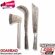 Golok Bendo Dan Kapak Per Baja Full Gagang Besi Anti Gompal Paket 3 Pcs  - Arit Sabit Bendo Full Tan