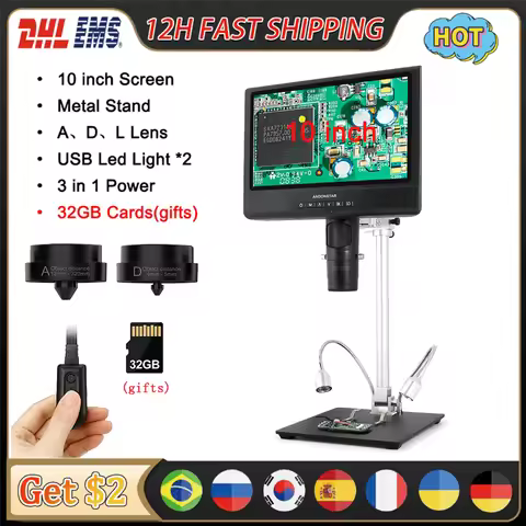 Andonstar AD246M/AD249M Digital Microscope with 3 lens 7/10in LCD Display For Soldering Tool 1080P E