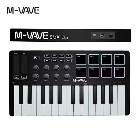 M-VAVE Portable MIDI 25-Key USB MIDI Keyboard Controller with 8 Backlit Drum Pads 8 Knobs 8 RGB Musi