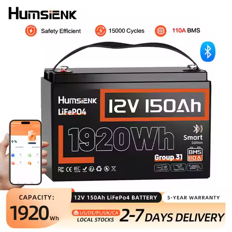 Humsienk 12V 150Ah LiFePO4 Battery, Built-in Bluetooth & 110A BMS, Size: GP31, 15000+ Deep Cycle, Lo