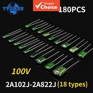 180PCS 100V Polyester Film Capacitor Assortment Kit 2A102J-2A822J 18Values *10pcs 102 222 472 103 22
