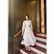 Adeline House - Elegant V-neck midi dress with puff sleeves and pearl buttons - TK75 Purple and Whit
