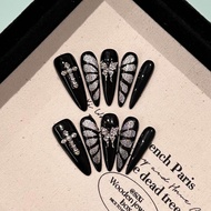 Nhựa Giả Móng Tay Butterfly Silver Cat Eye Long Sharp Point Glue on Nail Art Sticker Luxury Black Se