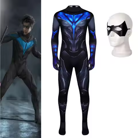 Movie Nightwing Jumpsuit Cosplay Costume Eye Mask Adult Superhero Nightwing Spandex Printed Bodysuit