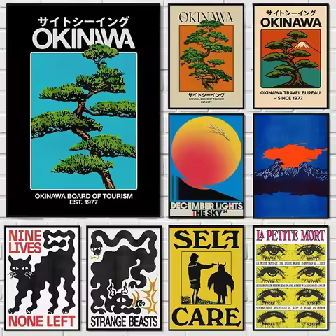 Abstract Japanese Okinawa Prefecture Travel Canvas Poster Bauhaus Geometric Cat & Snake Animal Wall 