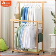 Goody Double Pole Bamboo Clothes Rack With Wheels And With Trouser Rack Clothes Hanging Multifunctio
