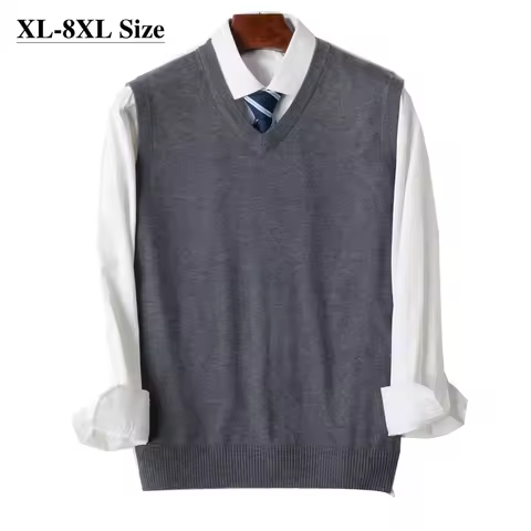 8XL 7XL 6XL Knit Vest Men's Loose V-neck Sleeveless Sweater Solid Color Business Casual Autumn Winte