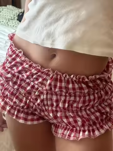 Y2K Women Mini Summer Low Rise Gyaru Plaid Shorts Elastic Slim Fit Bloomers Short Pants Kawaii Cute 