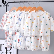 Kids Boys Girls Pajamas 2023 Summer Cotton Linen Thin Cartoon Three-quarter Sleeve Tops with Pants Baby Sleeping Clothing Sets
