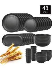 4/36/48入組黑色塑料餐具套裝,適用於廚房、餐廳、派對、露營、節日送禮：晚餐盤、甜點盤、早餐碗、杯子、義大利麵碗、魚盤