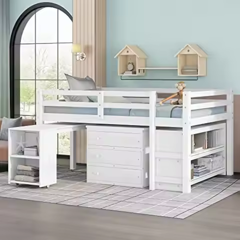 Loft Bed with Desk Low Study Kids Full Loft Bed with Storage Drawers Low Loft Bed Full for Kids Full