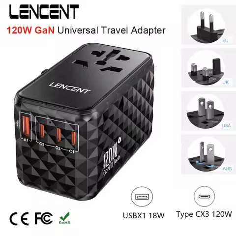 LENCENT 120W/100W/85W/65W GaN Universal Travel Adapter with USB-A+Type-C Fast Charging Adapter EU/UK