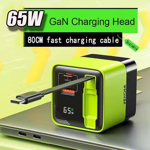 65W GaN PD USB-C Charging Head Fast Charger With Built-in 80cm TypeC Cable Suitable for iPhone16 15 