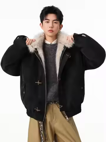 Bomber jacket for men and women thickened wool inner American aircraft buckle fashion stand-up colla