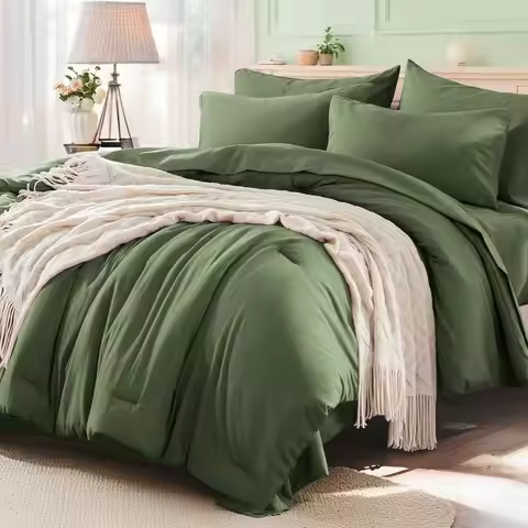 King Size Comforter Set 7 Pieces, Olive Green Bed in a Bag Bedding Set with 1 Comforter, 2 Pillow Sh