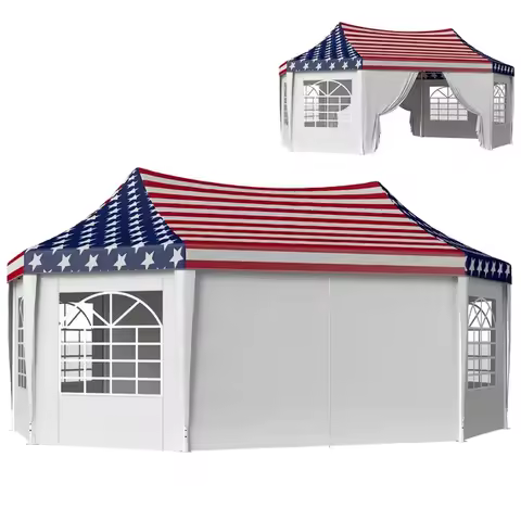 American Flag Design 22.3x16.4ft Outdoor Shelter, Heavy Duty Party Canopy Tent with 2 Doors 6 Window
