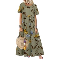 ZANZEA Women Short Sleeve Printed Vintage Swing Loose Long Dress