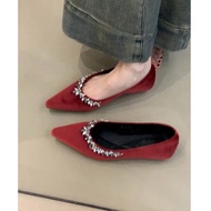 Classy Pointed Rhinestone Flats - Red Suede Evening Wedding Shoes