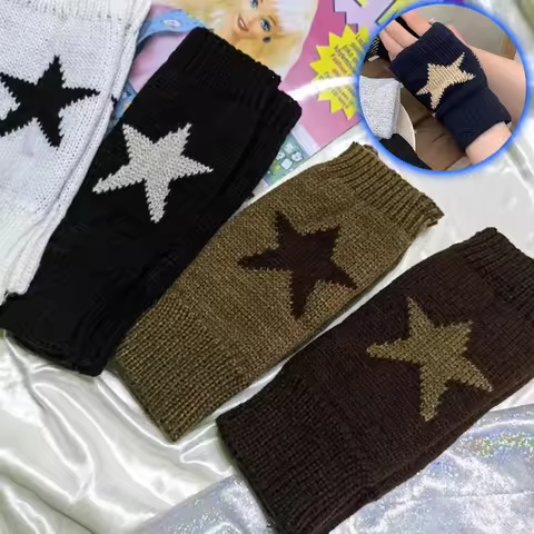 Y2K Star Knitted Woolen Gloves Warm Fashion Soft Mittens Fingerless Women&Men Gloves Winter Accessor