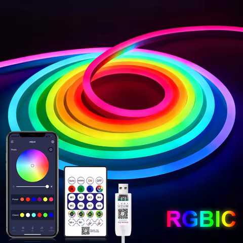 DC5V USB RGBIC Neon LED Strip,1M 2M 3M 5M RGBIC Neon Rope Light with Bluetooth App and Remote contro