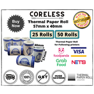 Nets Thermal Paper Roll *Coreless* 57mm x 40mm *Premium Quality * 100 rolls (Local Seller)