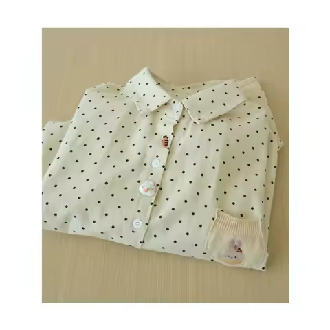 Sweet Polka Dots Pattern Knitted Pocket Bunny Carrots Embroidery Long Sleeve Shirt Blouse Female 202