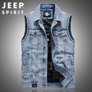 JEEP SPIRIT เสื้อกั๊กผู้ชายเสื้อกล้ามผ้าเดนิมเสื้อกั๊กปีนเขากลางแจ้งเสื้อกั๊กตกปลาเสื้อกั๊กยีนส์แบบบ