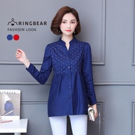 Cute Casual Anchor Printed V-Mouth Stand-Up Collar Pleated Hem Long-Sleeved Top (Red.blue XL-3L) Eye