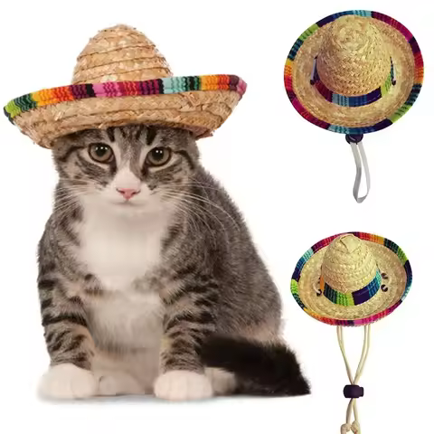 Cute Puppy Dog Cat Straw Woven Sun Hat Cap Mexican Sombrero Pet Supplies Accessories