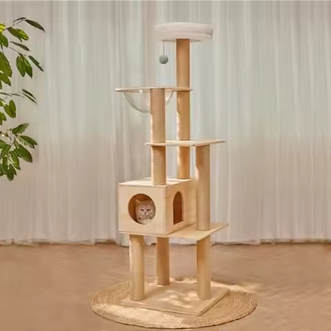 61'' Tall Real Solid Wood Cat Tower with Space Capsule Bed Top Bed Sisal Scratching Posts Multi Cat 